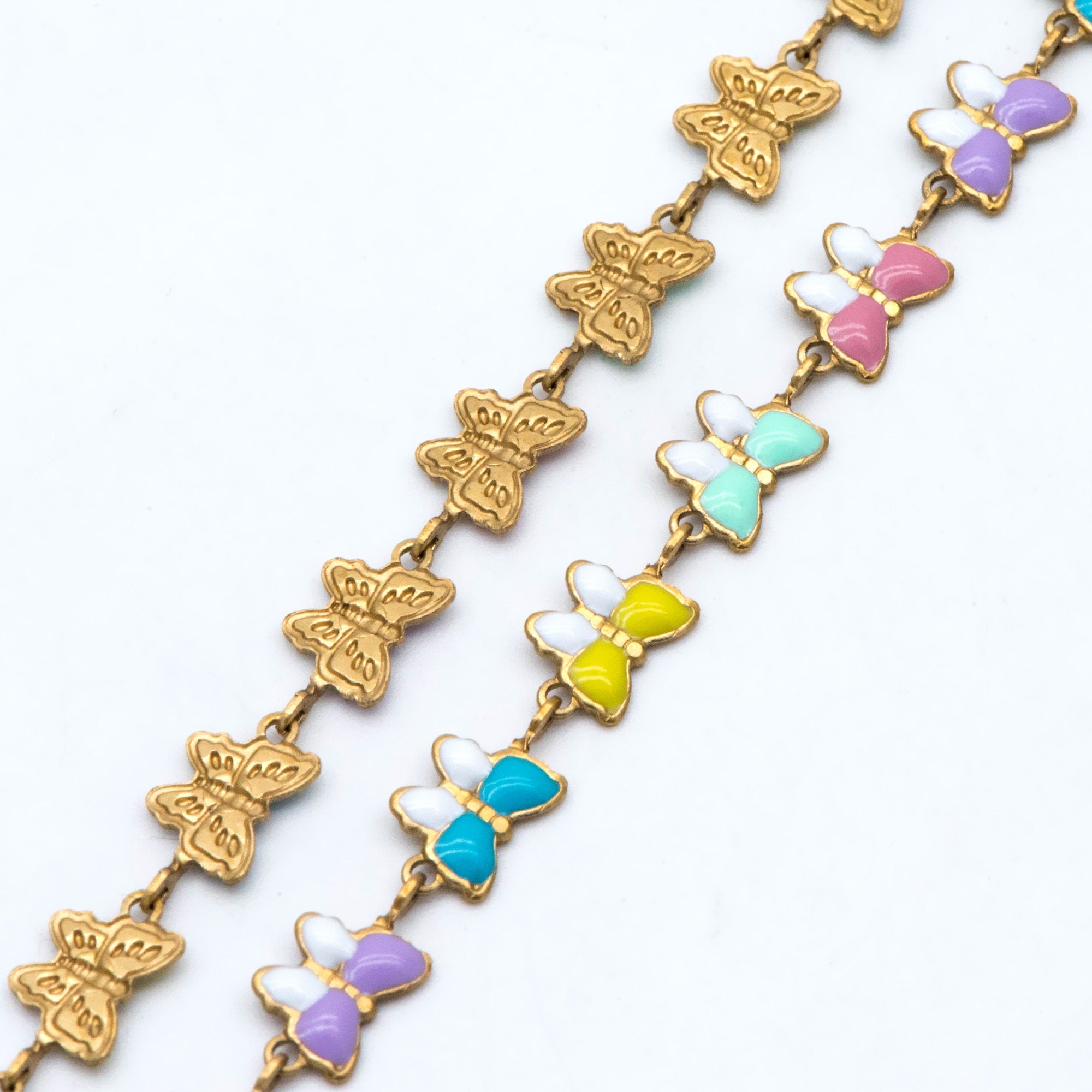 Raw Brass Chain, Multicolor butterfly Chain, Brass in Enamel, Unplated Raw Brass Designer Chain (#LK-515)/ 1 Meter=3.3ft